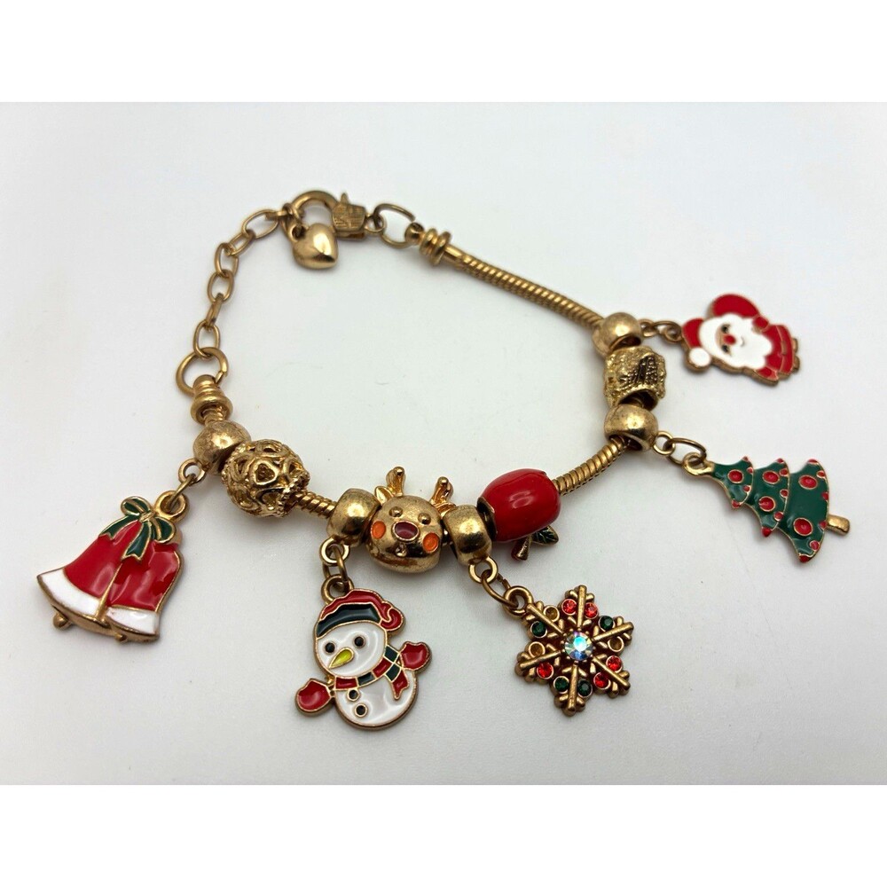Gold Tone Christmas Charm Bracelet Enamel Dangle Charms Snake Chain Adjustable